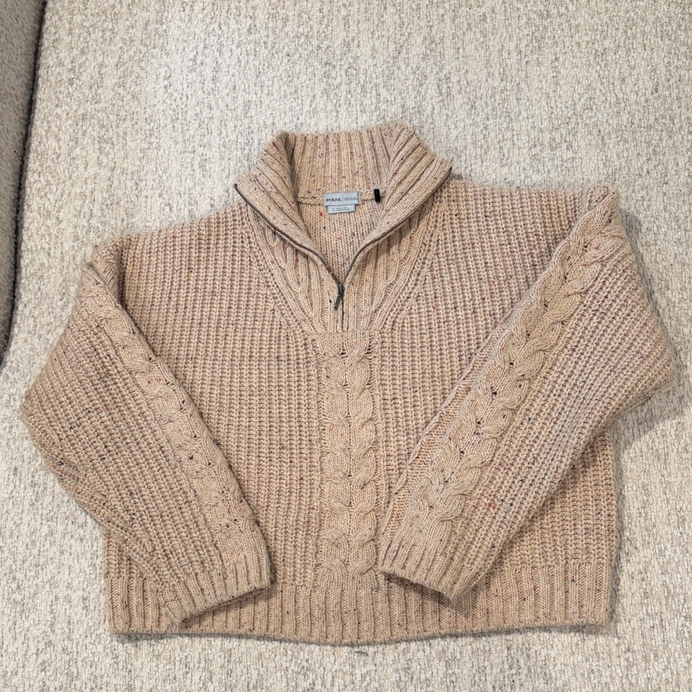 Prana Beige Cable Knit Half-Zip Turtleneck Sweater